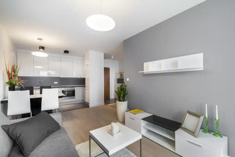 Minimalistická obývacia izba spojená s kuchyňou, sivé a biele farby s čistými líniami.