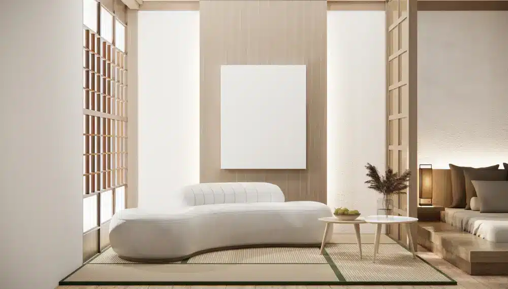 Obrázok predstavuje modernú spálňu v štýle japonského minimalizmu. Posteľ s nízkym rámom, pohovka s čistými línia a tradičné japonské shoji dvere podporujú jednoduché a funkčné usporiadanie malého bytu.